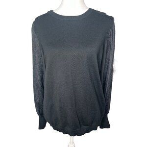 Adrianna Papell Black Lace Trim Woven Sleeve Ruffle Neck Womens Sweater Size M